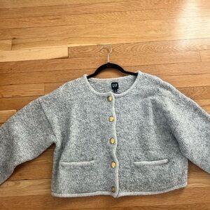 GAP Heather Gray Knit Cardigan with Gold Accents